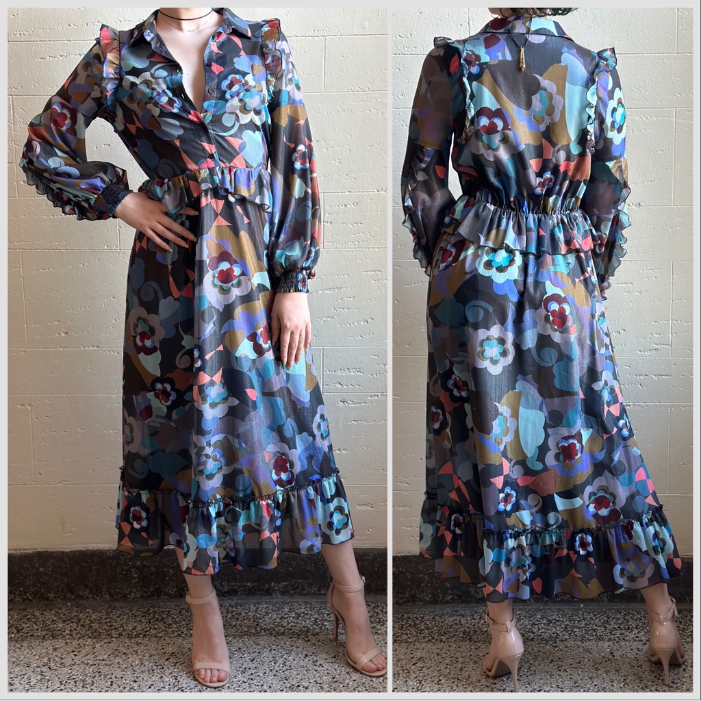 Atelier Blue From Anthropologie Ruffle Midi Dress Sz S